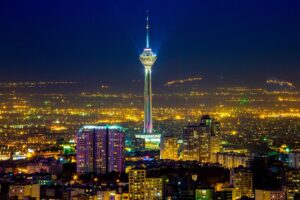 Milad Tower illuminated at night, Tehran, Iran